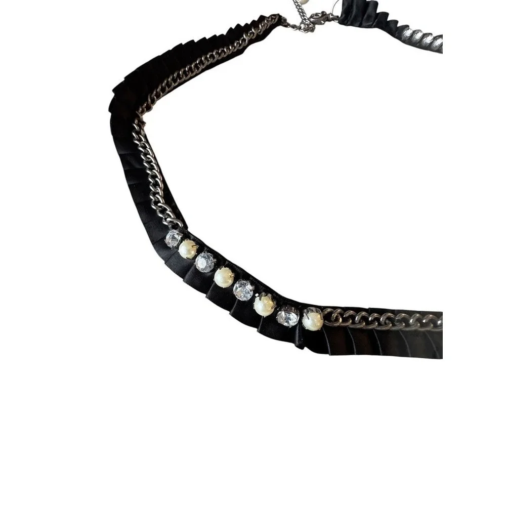 Y2k Vintage grossgrain ribbon belt black with pearl chain rhinestones